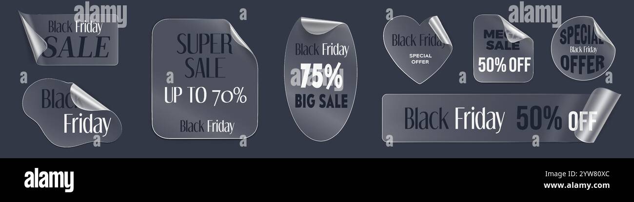 vecteur d'autocollant transparent 3d. Étiquette adhésive solde vendredi fou. Maquette d'étiquette circulaire réaliste avec offre de réduction. Décollez le coin de l'ensemble de bandes adhésives pour la promotion. Patch de superposition collant et brillant Illustration de Vecteur