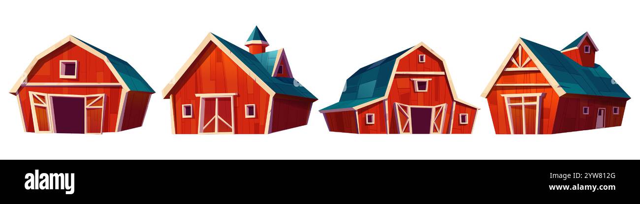 Granges en bois rouge ensemble isolé sur fond blanc. Illustration vectorielle de maisons de ferme rurales avec des toits et des portes bleus, ancienne écurie, bâtiment pour le bétail, entrepôt pour le foin, architecture rustique Illustration de Vecteur