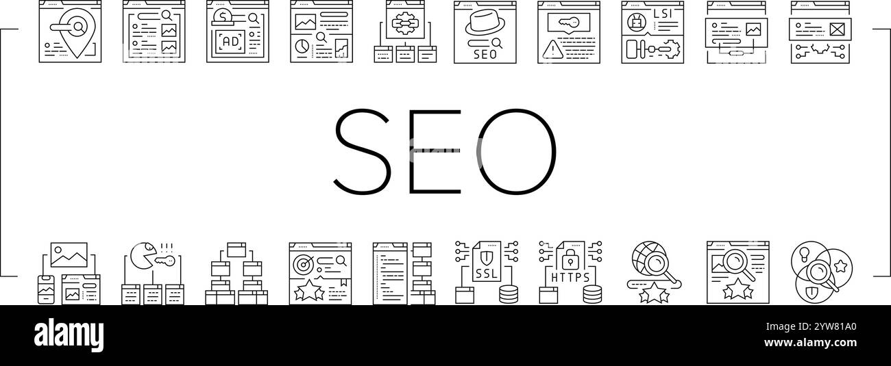 vecteur d'ensemble d'icônes de recherche de rang de marché seo Illustration de Vecteur