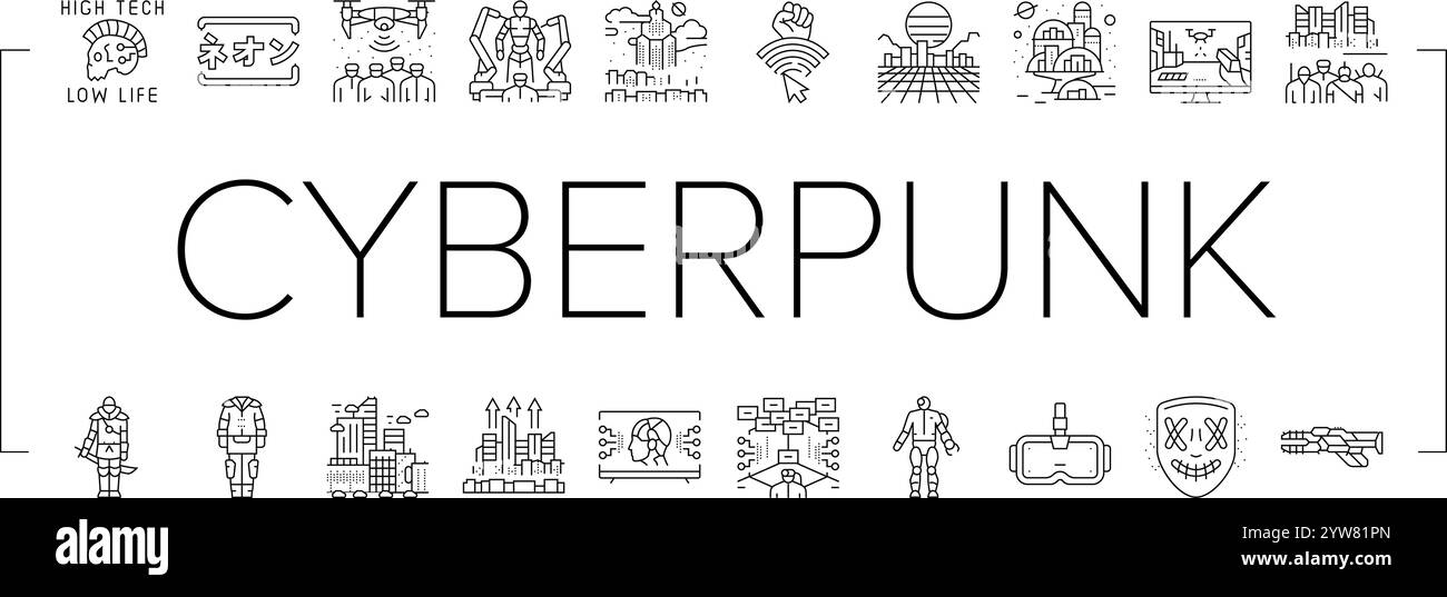 cyberpunk digital city future icônes set vecteur Illustration de Vecteur