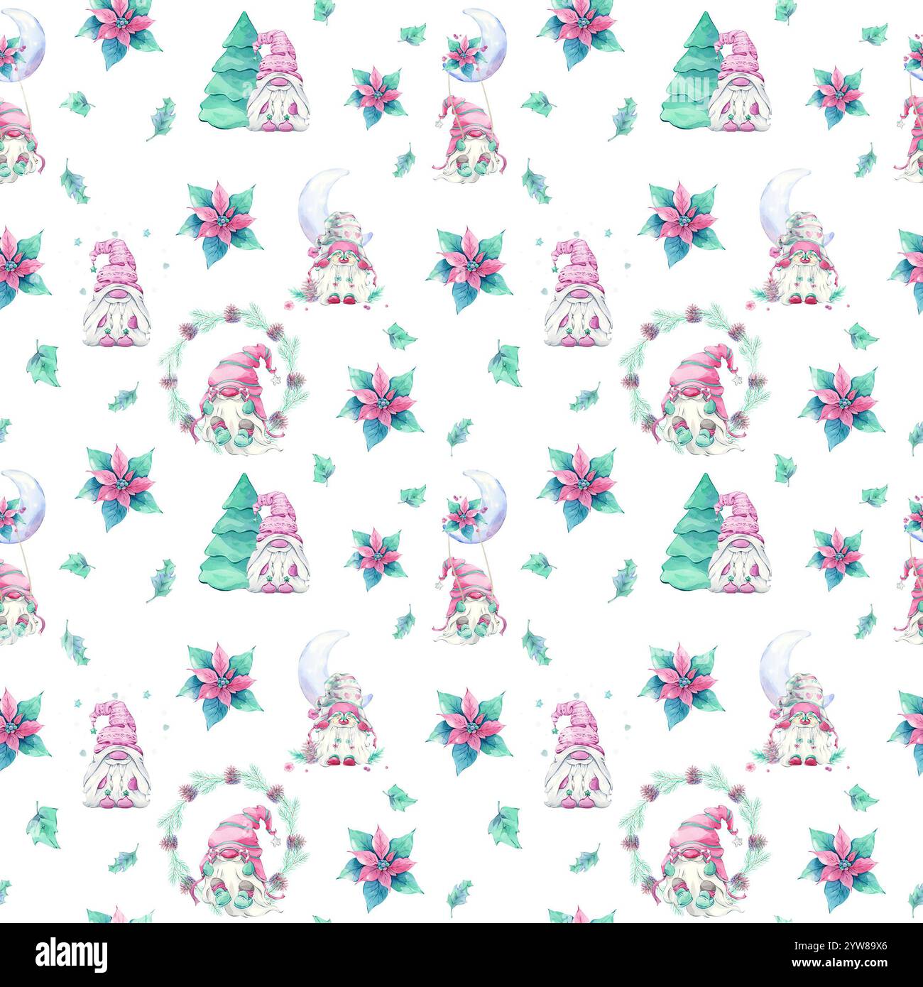 GNOME avec motif aquarelle de fleurs rouges vertes Banque D'Images