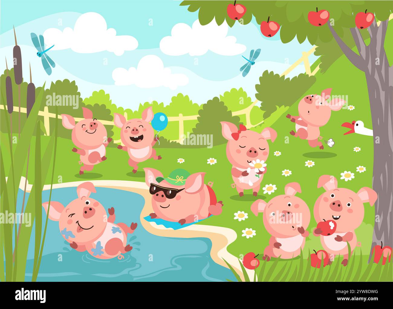 Les cochons jouent en plein air. Animaux de ferme s'amusant dans la nature. Bavardage dans l'étang. Cueillir des fleurs. Les porcelets heureux mangent des pommes. Mammifères domestiques. Famille porcine. G Illustration de Vecteur