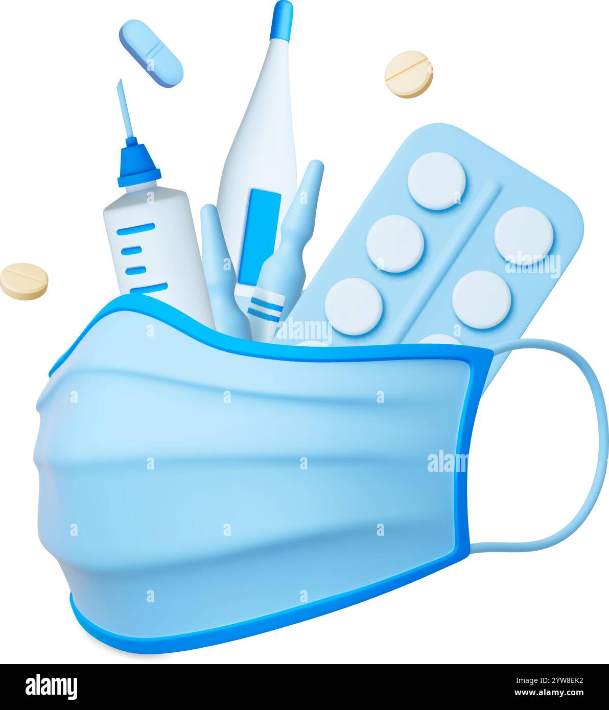 Masque médical de protection 3d et équipement hospitalier d'infirmière de médecin pour le diagnostic ou le traitement. Pilules de seringue et ampoules de thermomètre de médicaments, vecteur Illustration de Vecteur