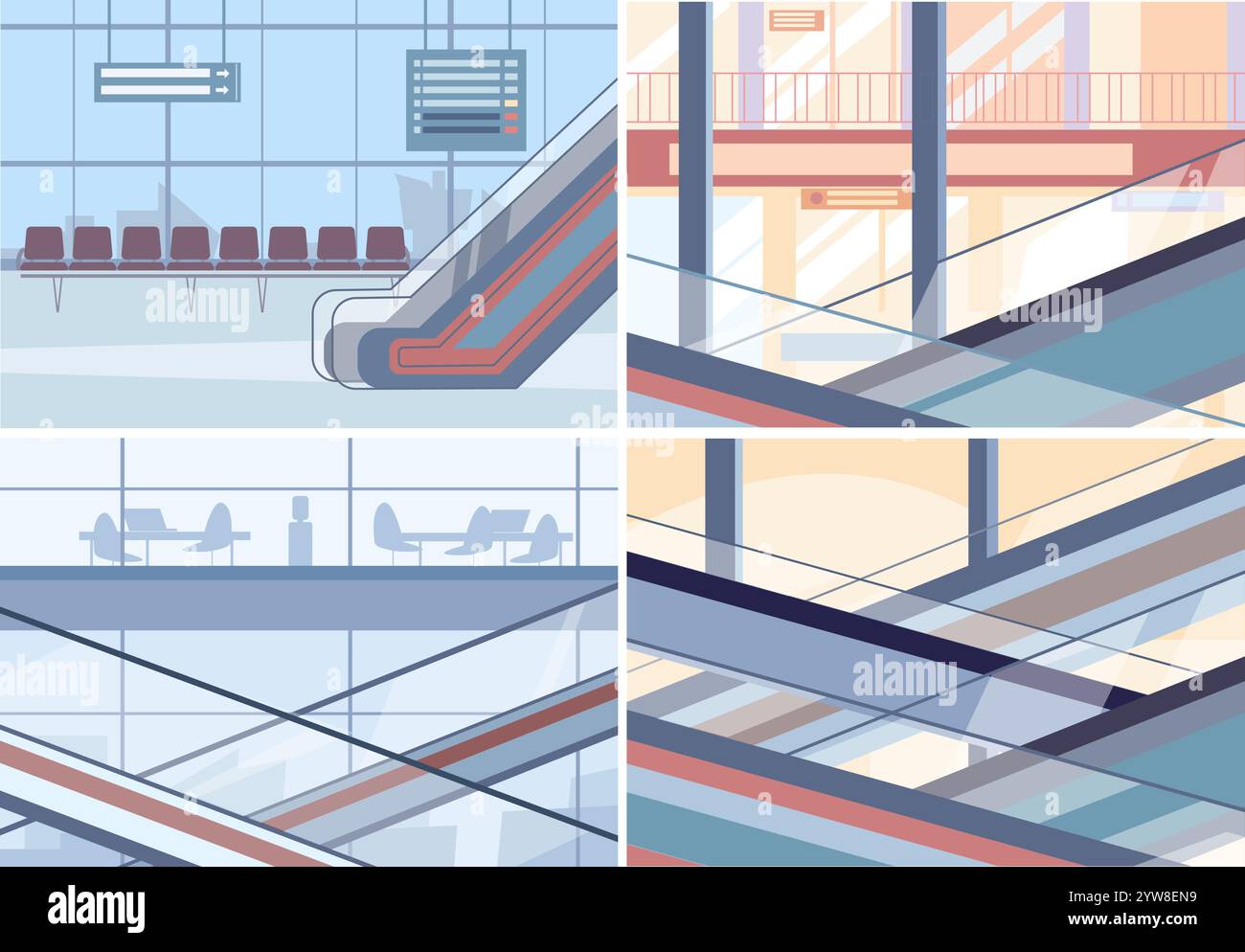 Intérieurs des espaces publics. Centre commercial, immeuble de bureaux, aéroport ou gare ferroviaire, terminal de bus. Lieux urbains avec escaliers mécaniques, échelles mobiles Illustration de Vecteur