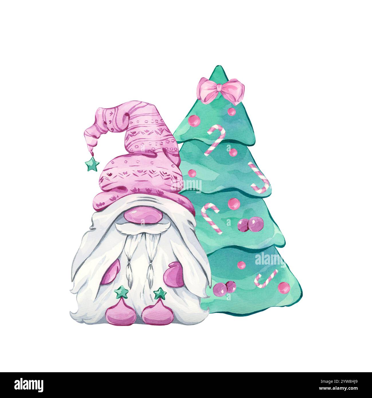 GNOME près de l'arbre de Noël sur un fond blanc à l'aquarelle Banque D'Images