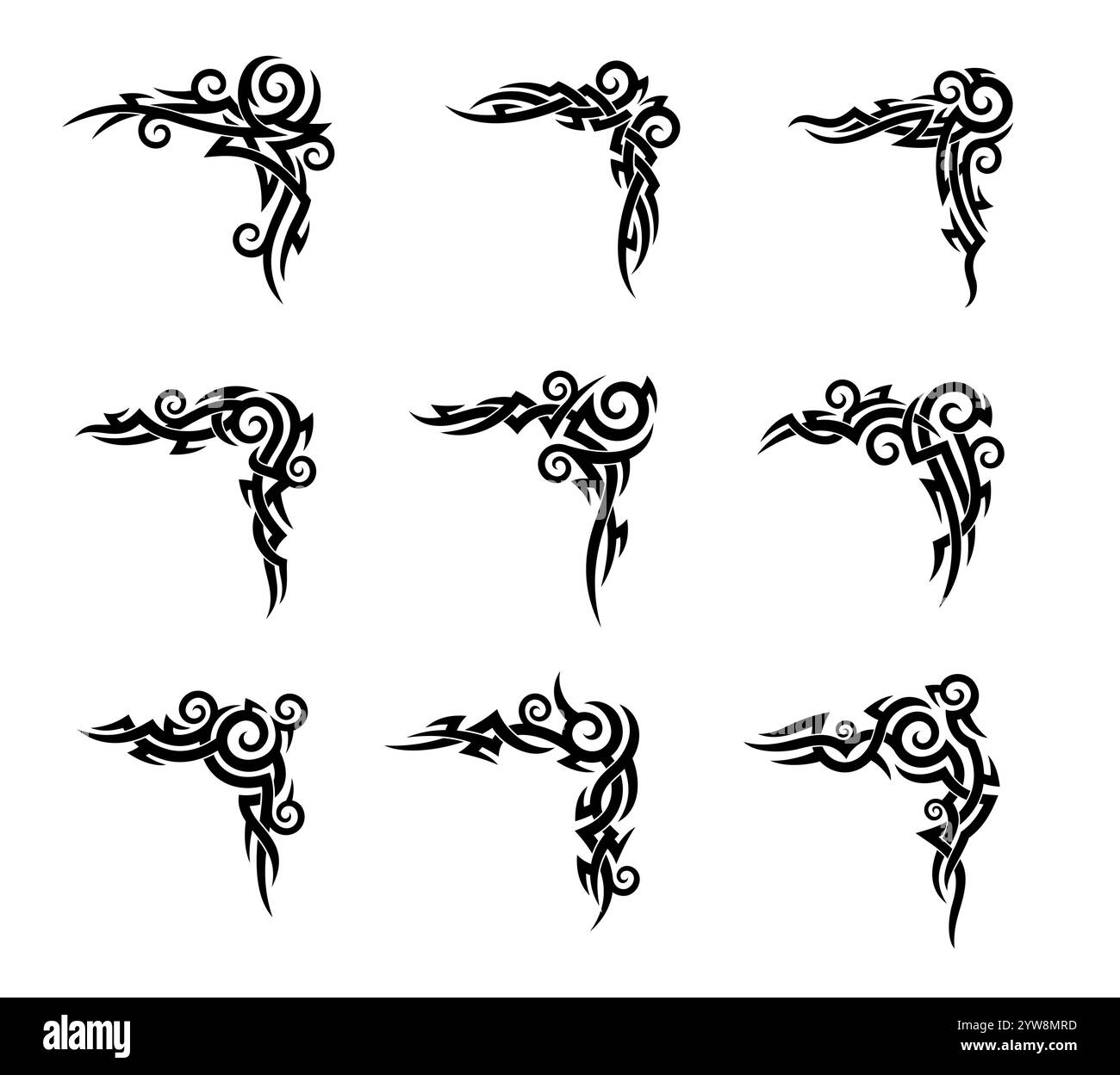 Tatouage tribal celtique ou maori avec ornement de motif polynésien ou hawaïen, design d'art vectoriel. Ensemble abstrait de tatouage tribal de ligne d'épine pointue complexe dans un design tribal maori ou celtique ou dans un style moderne Illustration de Vecteur