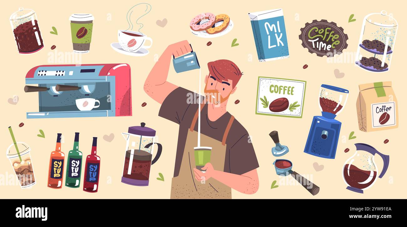Autocollants pour barista. Matériel de travail de baristas de bande dessinée, machine à café vintage café d'affaires tasse espresso préparation lait aromatique boisson chaude, set chic illustration vectorielle illustration originale Illustration de Vecteur