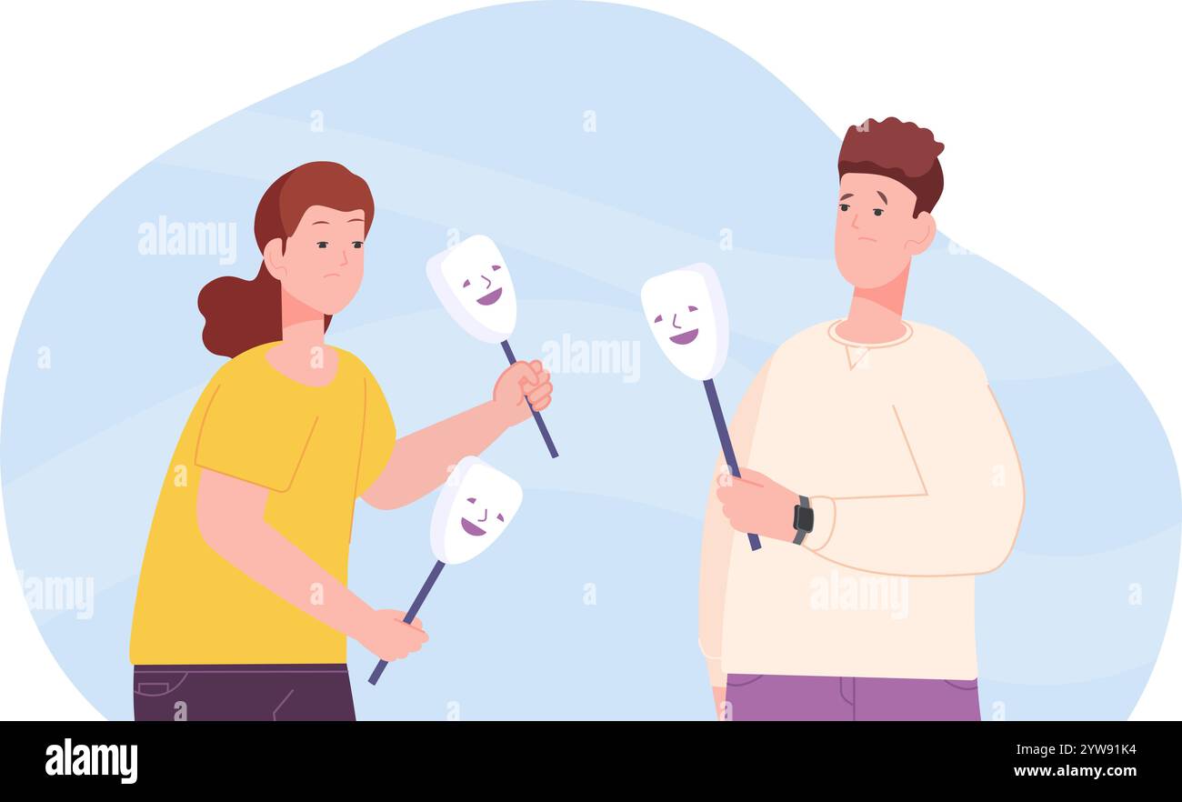 Les gens cachent des émotions. Homme femme couple cachant l'émotion sous le masque, personnalité bouleversée amis hypocrisie concept expression de visage déguiser faux prétendant menteur illustration vectorielle illustration originale Illustration de Vecteur
