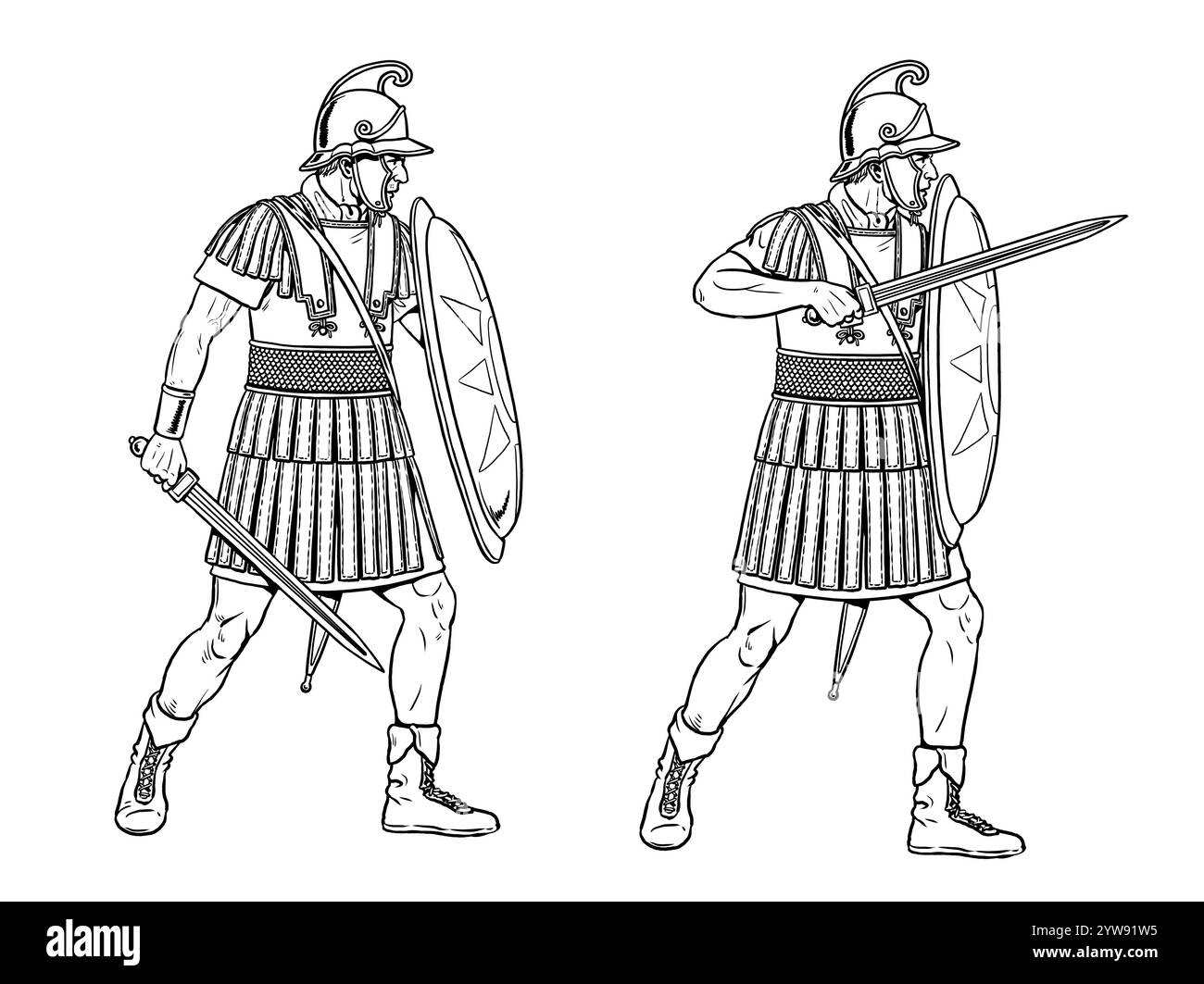 Guerriers macédoniens au combat. Infanterie grecque antique à colorer. Banque D'Images