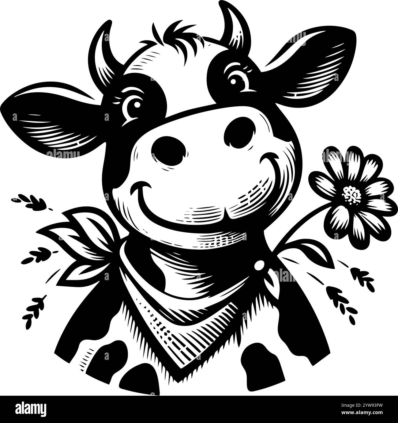 Vache avec une fleur. Illustration en noir et blanc d'une vache amicale avec un grand sourire sur son visage. Illustration de Vecteur Vache avec une fleur. Illustration en noir et blanc d'une vache amicale avec un grand sourire sur son visage. Illustration de Vecteur