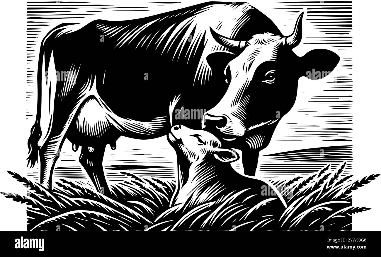 Illustration en noir et blanc d'une vache allaite son veau, qui est plus petit et plus délicat. Illustration de Vecteur