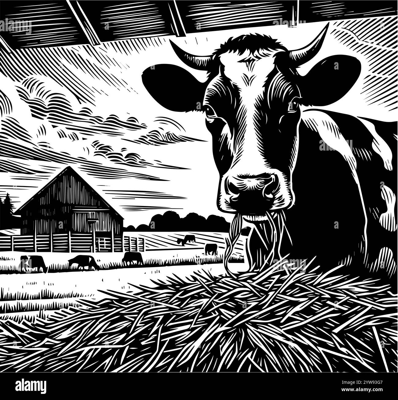 Illustration en noir et blanc d'une vache debout dans une grange, regardant un champ. Vache mangeant du foin. Illustration de Vecteur