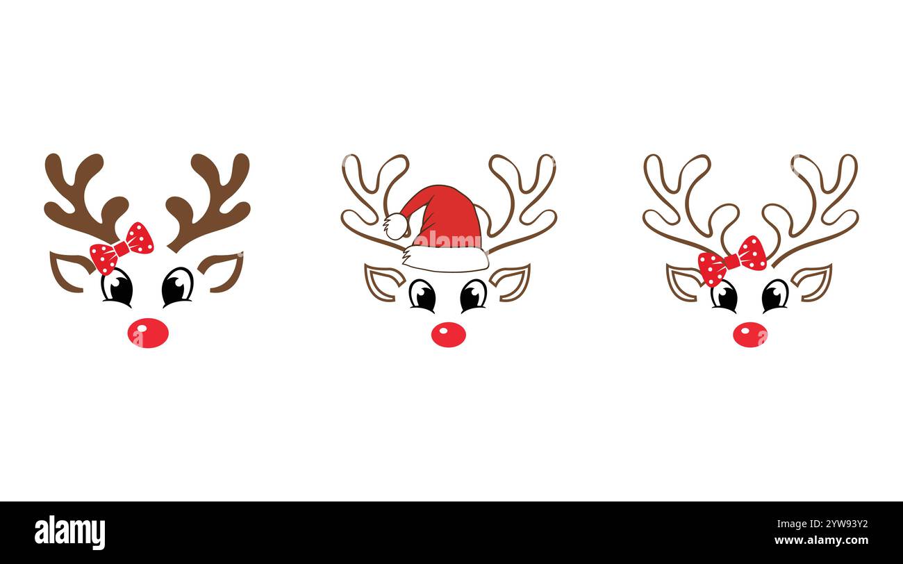 Ensemble d'un visage de renne mignon avec des décorations de Noël. Illustration vectorielle. Collection de rennes de dessin animé mignon. Thème de Noël. Illustration de Vecteur