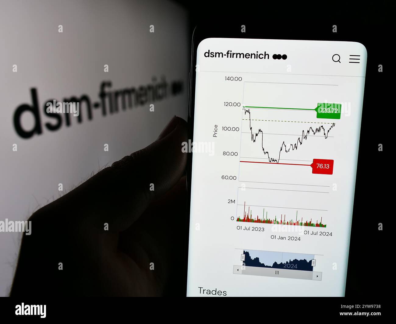 Allemagne. 21 juillet 2024. Dans cette illustration photo, une personne tient un téléphone portable avec la page Web de la société chimique suisse DSM-Firmenich AG devant le logo de l'entreprise. (Photo timon Schneider/SOPA images/SIPA USA) *** strictement à des fins éditoriales *** crédit : SIPA USA/Alamy Live News Banque D'Images
