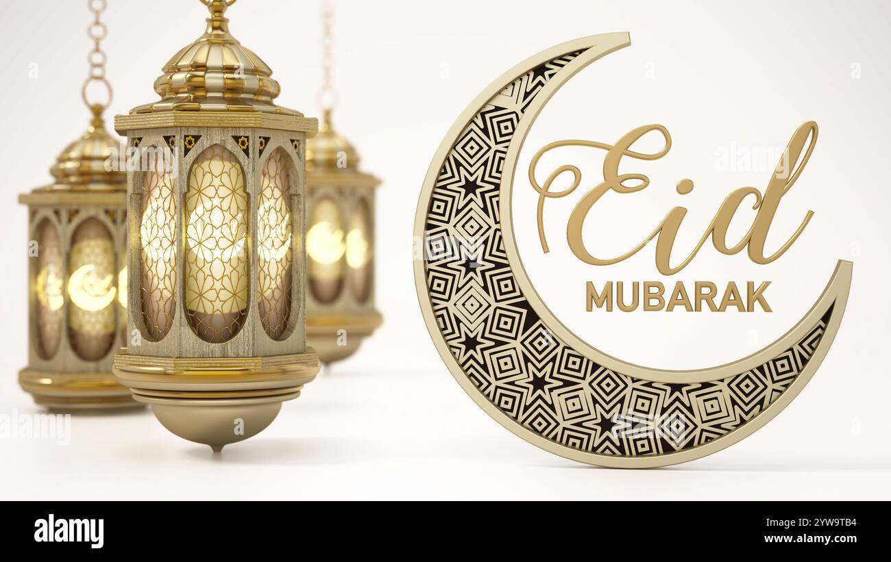 Texte de l'Eid Moubarak, lune et lanterne isolés sur fond blanc. Illustration 3D. Banque D'Images