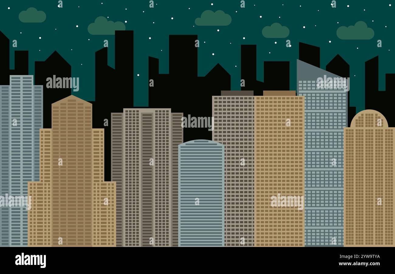 Paysage urbain nocturne. Vue sur la rue avec paysage urbain, gratte-ciel et bâtiments modernes à la journée ensoleillée. Espace de ville dans le concept de fond de style plat. Illustration de Vecteur