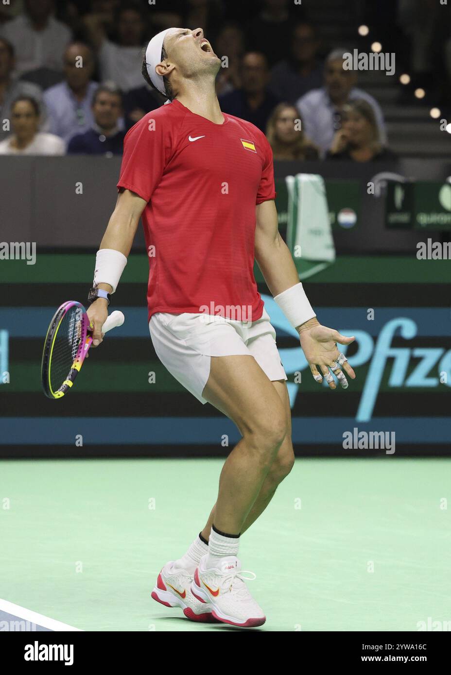 Der spanische Tennisspieler Rafael Nadal reagiert beim Davis-Cup-finale 2024, Palacio de Deportes Jose Maria Martin Carpena, Malaga, Espagne Banque D'Images