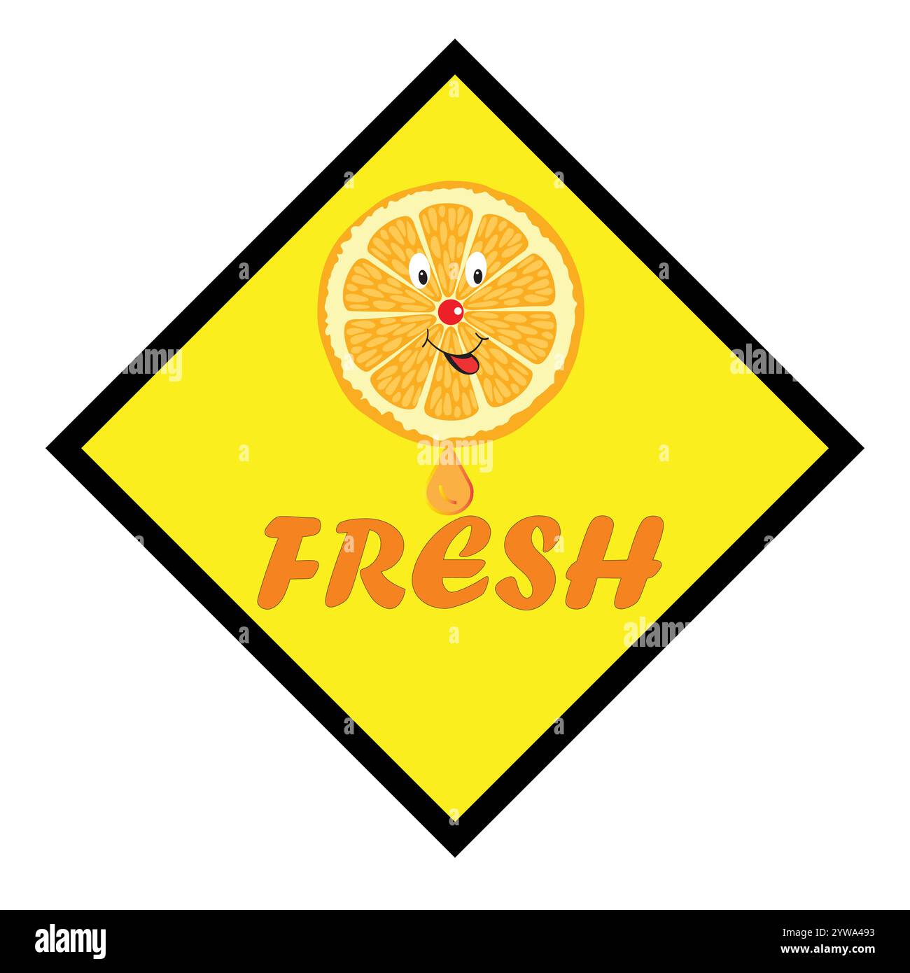 Autocollant jaune avec une jolie tranche d'orange, une goutte de jus et le mot Fresh Illustration de Vecteur