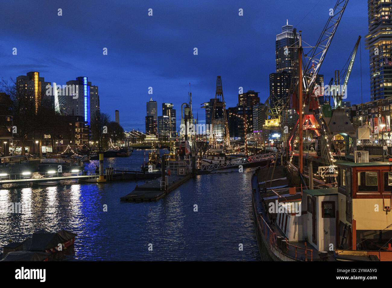 Paysage portuaire illuminé avec des navires et des grues devant un horizon urbain la nuit, Rotterdam, pays-Bas Banque D'Images