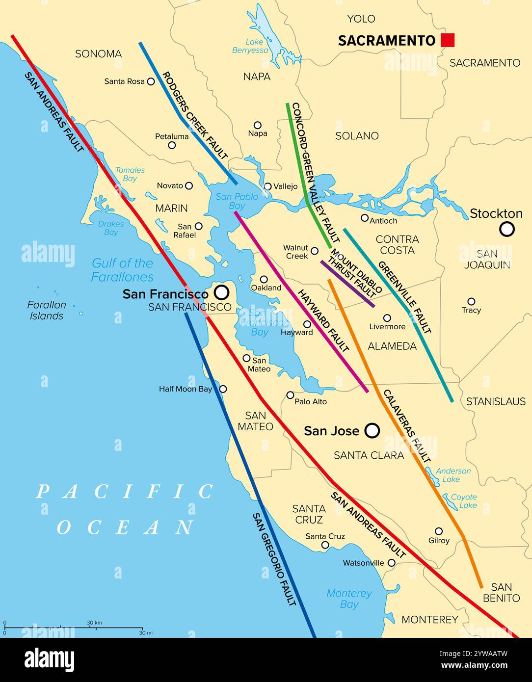 Baie de San Francisco, lignes de faille majeures, carte politique. La zone de la baie, traversée par des systèmes de failles majeures. Banque D'Images