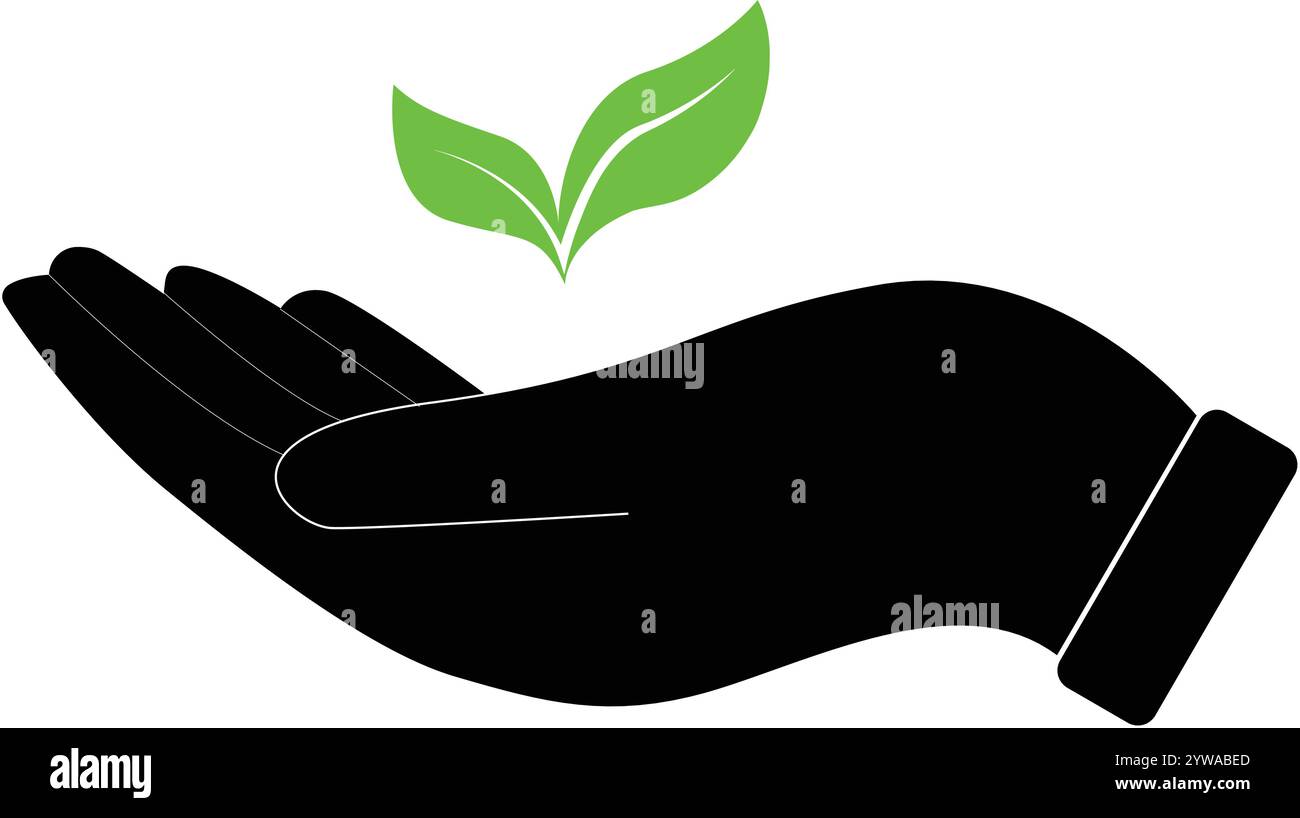 Feuilles en main vert, plante tenant la main, logo de la terre de sauvegarde, signe vert de soin de la nature, signe respectueux de l'environnement Illustration de Vecteur