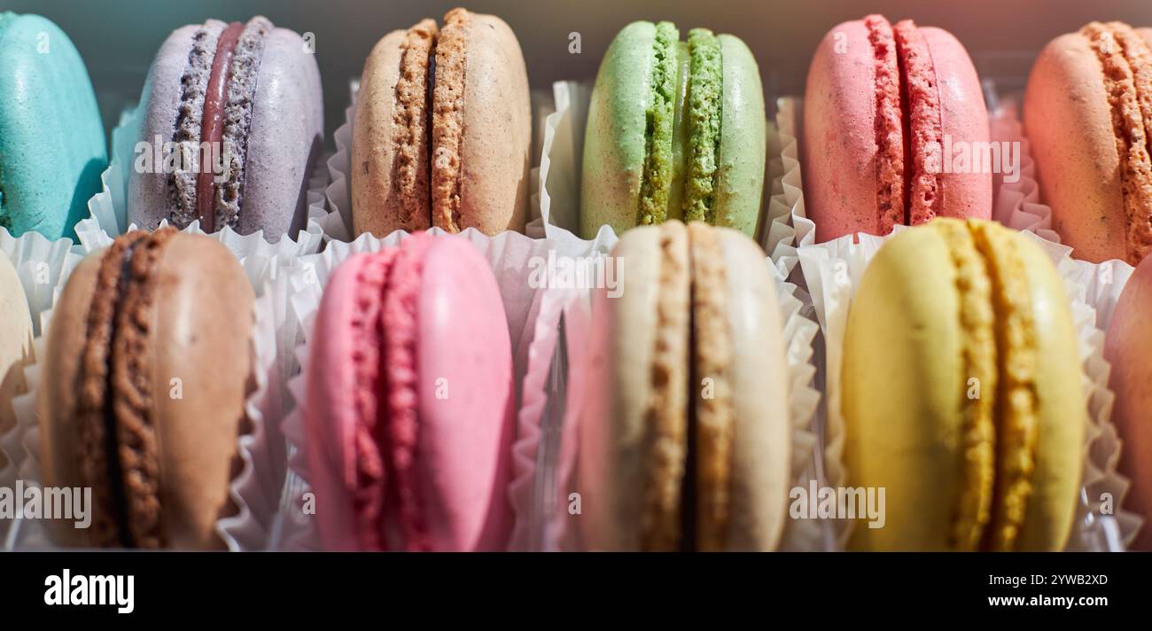 Bannière de macarons français brillants avec paperpan blanc dans deux rangées, boîte d'emballage transparente en plastique sur le comptoir de cuisine, gâteaux colorés divers flavo Banque D'Images