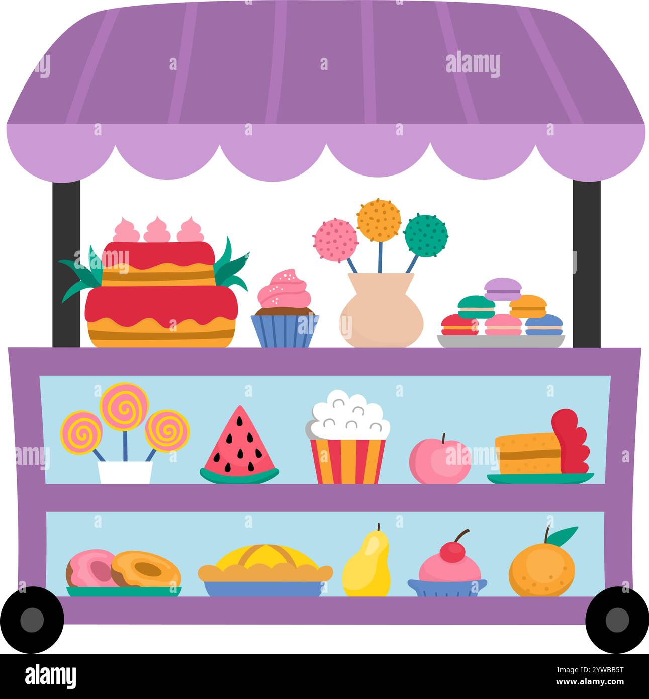 Chariot de casse-croûte roulant de vecteur avec roues. Icône de magasin de bonbons. Illustration de stand de bonbons de dessin animé. Clipart chariot pâtisserie ou boulangerie. Stand de vente mobile ou f Illustration de Vecteur