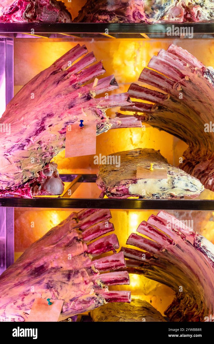 processus de viande de vieillissement à sec - vue de nombreuses côtes de bœuf dans le réfrigérateur de vieillissement à sec Banque D'Images