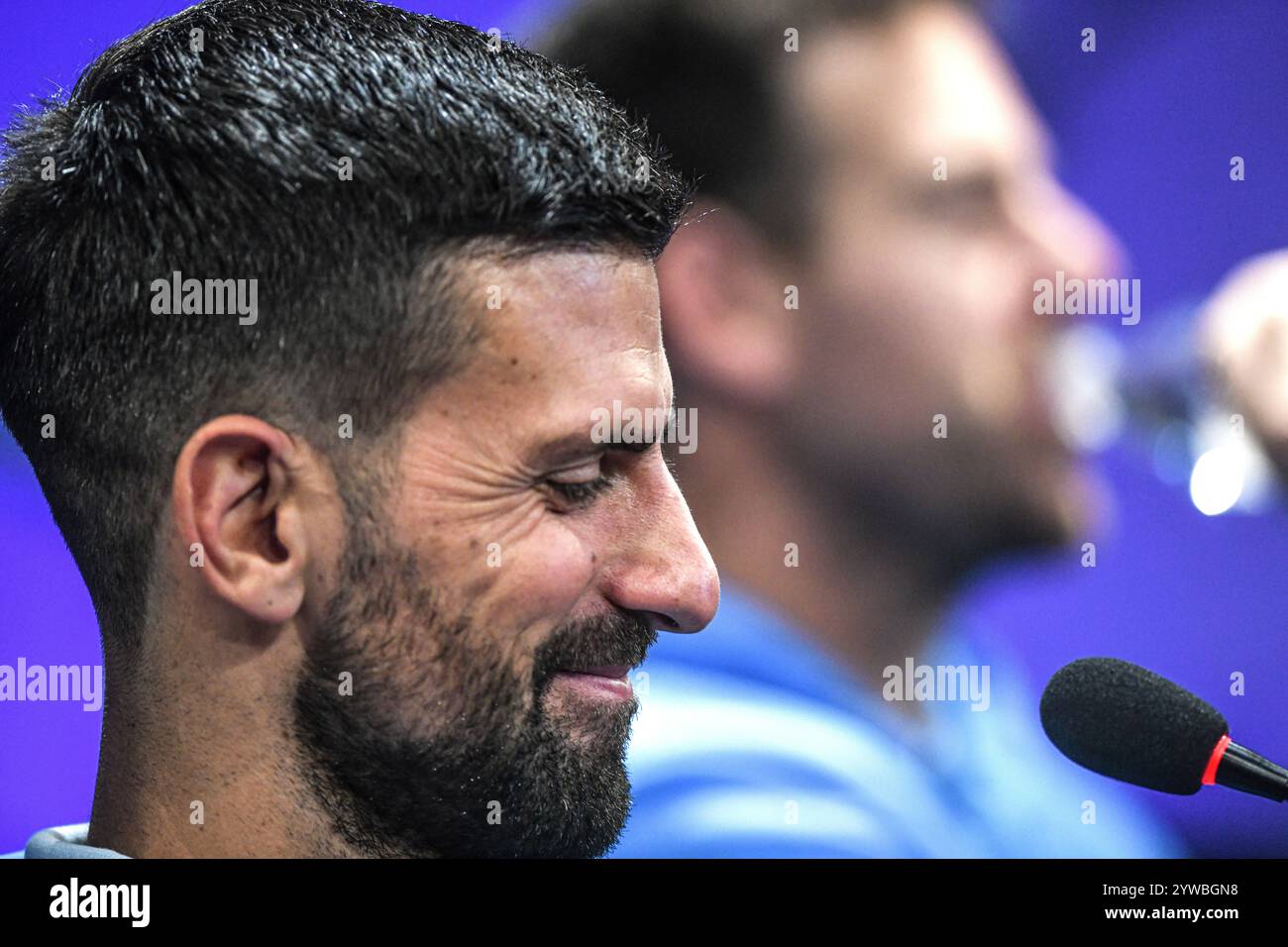 Les joueurs de tennis Novak Djokovic (Serbie) et Juan Martin del Potro (Argentine) donnent une conférence de presse. Banque D'Images