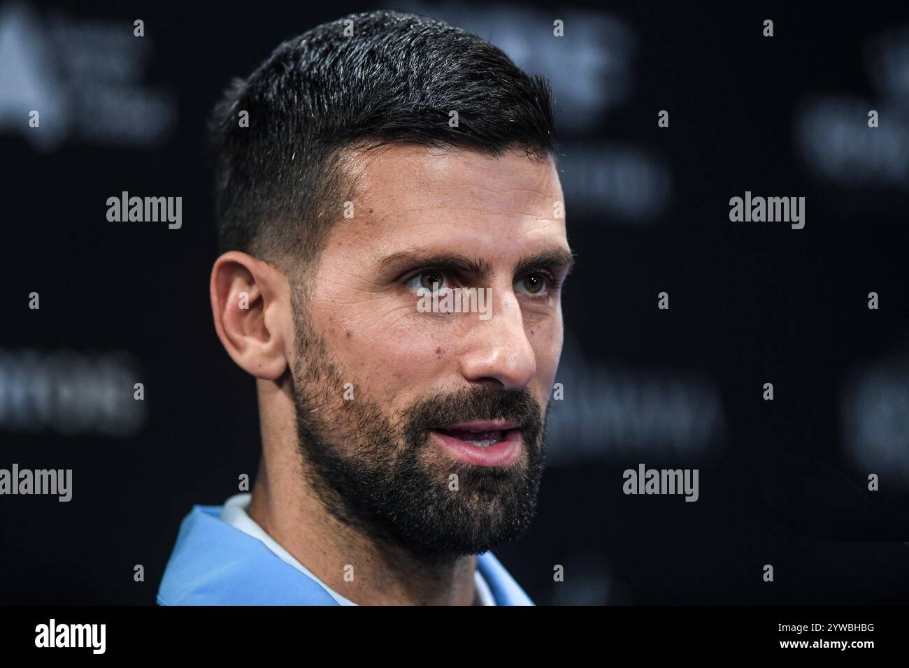 Novak Djokovic (Serbie) lors d’une conférence de presse précédant l’exposition et le match d’adieu de Juan Martin del Potro. Banque D'Images