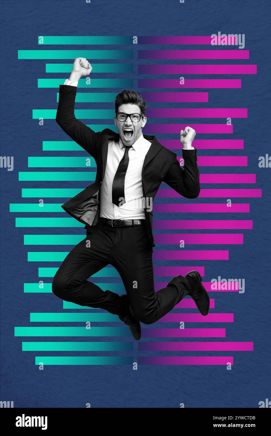 Croquis image tendance montage collage photo 3D de la technologie de l'espace virtuel cyberespace réalité graphismes jeune gars sauter excité emoji Scream Banque D'Images
