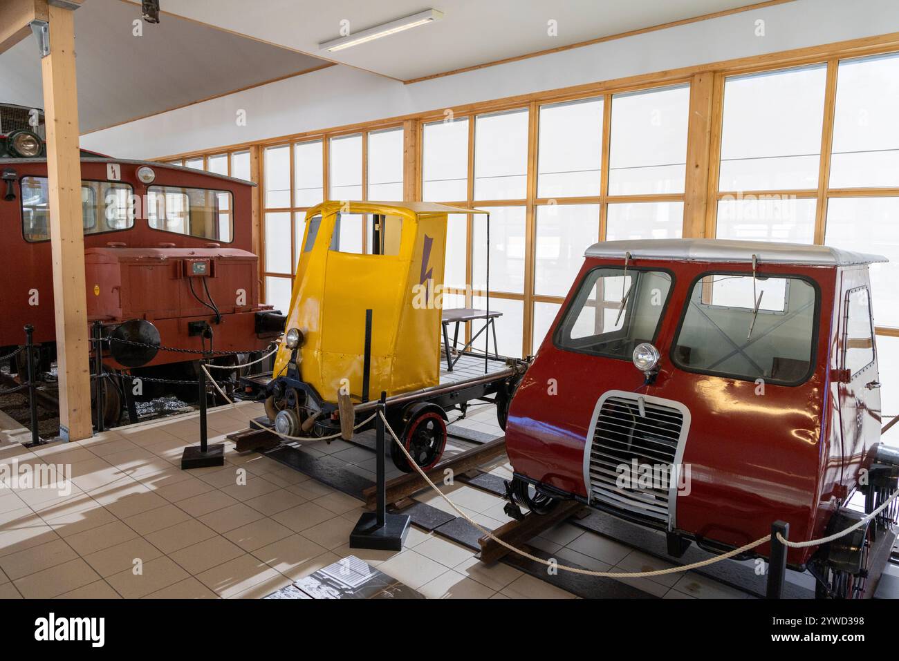 FLAM, Musée ferroviaire norvégien à Flam dédié à l'histoire de la construction de la ligne ferroviaire Flam, chariots motorisés, Norvège, Europe, 2024 Banque D'Images