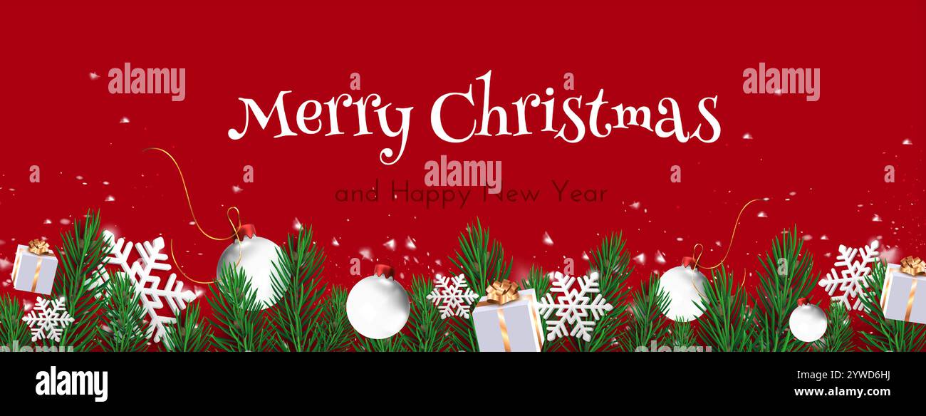 Bordure de Noël festive avec branches de pin, boules blanches et flocons de neige sur fond rouge. Composition de Noël décorée de cadeaux enveloppés et de texte de voeux saisonniers pour les bannières de Noël. Illustration de Vecteur