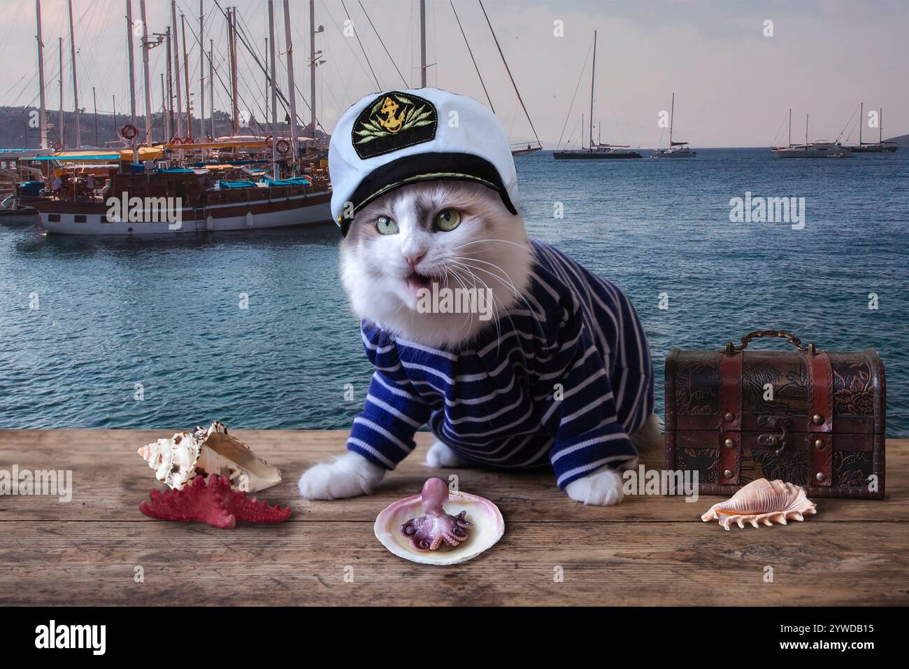 Chat drôle dans l'uniforme d'un marin et casquette sur la jetée Banque D'Images