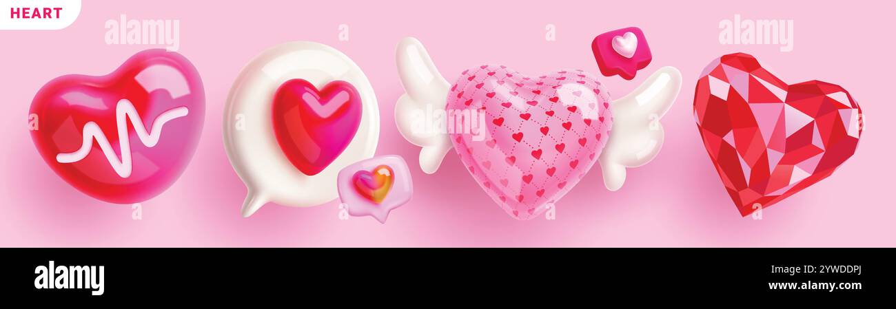 Ensemble de saint-valentin icône coeur. Symbole d'art clip amour coeur avec dessin volumétrique, bulle de parole, ballon gonflable avec ailes blanches et poly Illustration de Vecteur