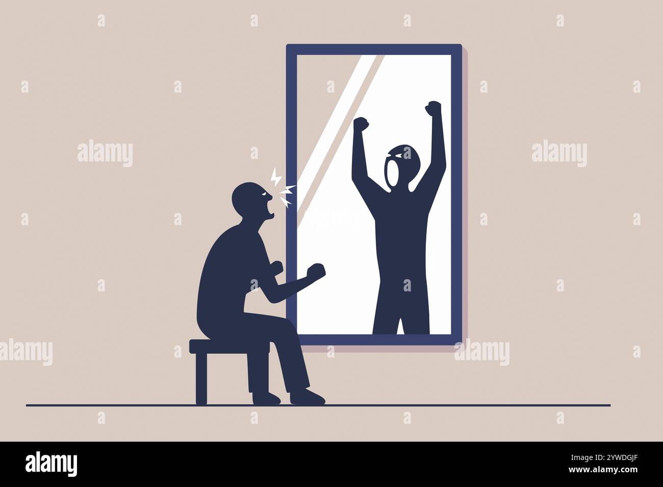 concept de gestion de la colère, silhouette noire de la personne, crier , crier à l'ombre dans le miroir. santé mentale sociale Banque D'Images