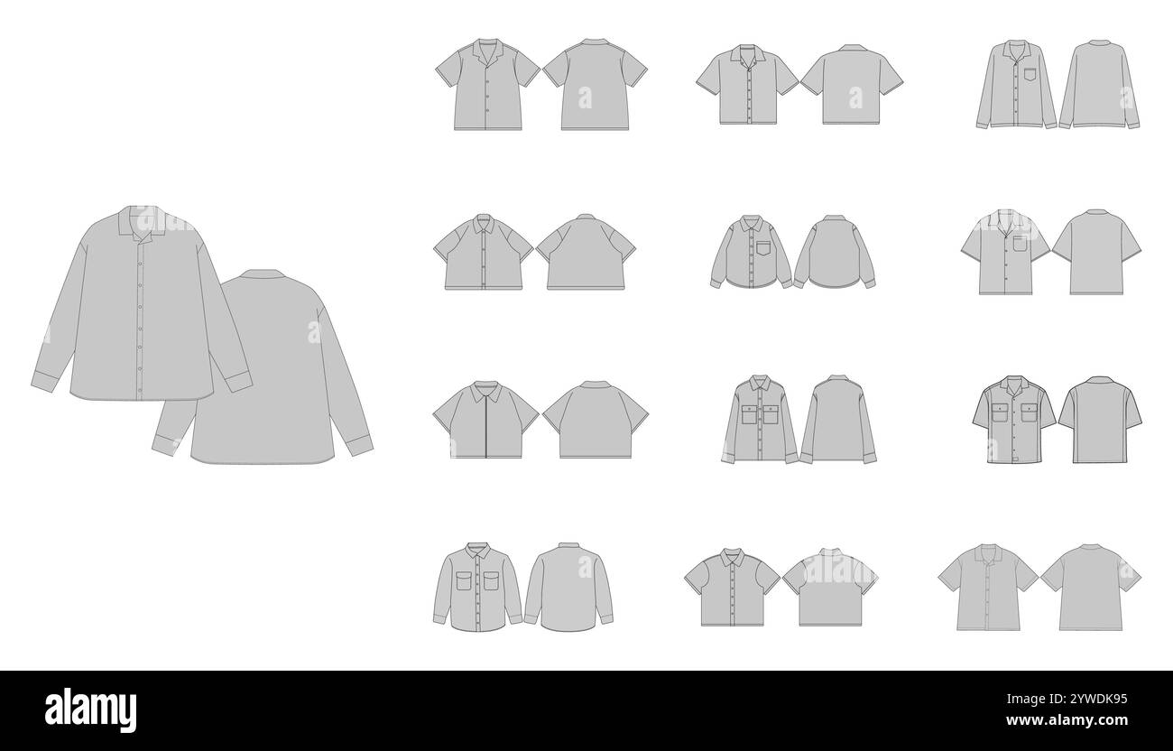 Ensemble de différents modèles de chemises - dessin plat technique de chemises de base Chemise Robe Plaid Design - Chemise boutonnée illustration technique - Illustration de Vecteur