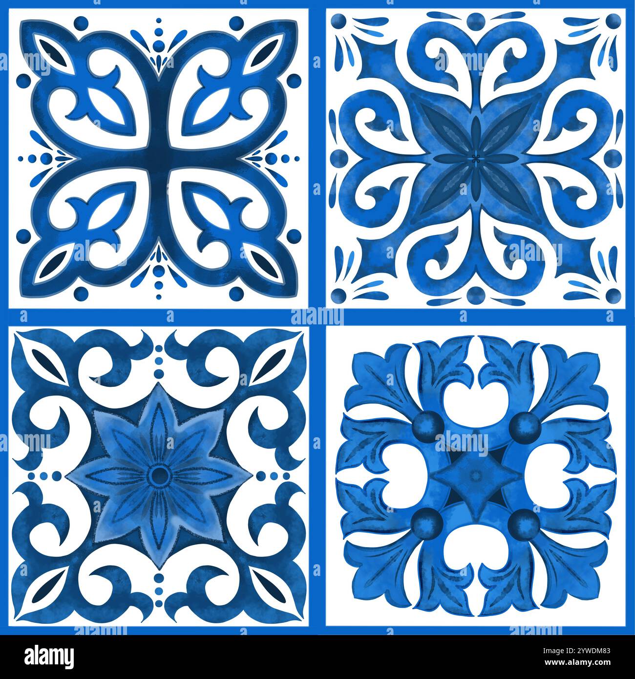L'illustration est un motif décoratif de style azulejo. Le motif est conçu dans un schéma de couleurs blanc et bleu et contient des motifs géométriques ou floraux uniques souvent trouvés dans les conceptions traditionnelles en céramique Banque D'Images