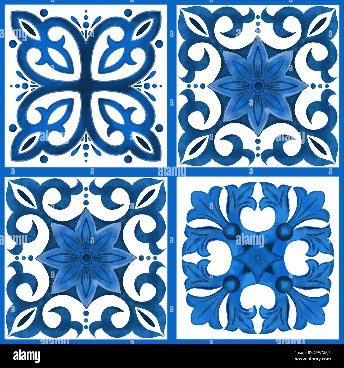 L'illustration est un motif décoratif de style azulejo. Le motif est conçu dans un schéma de couleurs blanc et bleu et contient des motifs géométriques ou floraux uniques souvent trouvés dans les conceptions traditionnelles en céramique Banque D'Images