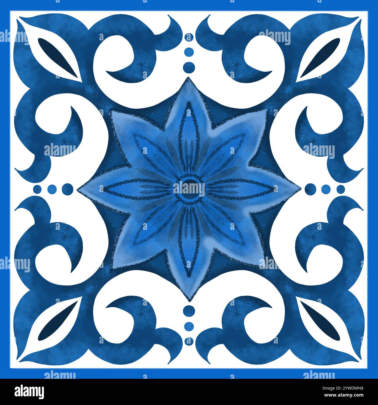 L'illustration est un motif décoratif de style azulejo. Le motif est conçu dans un schéma de couleurs blanc et bleu et contient des motifs géométriques ou floraux uniques souvent trouvés dans les conceptions traditionnelles en céramique Banque D'Images