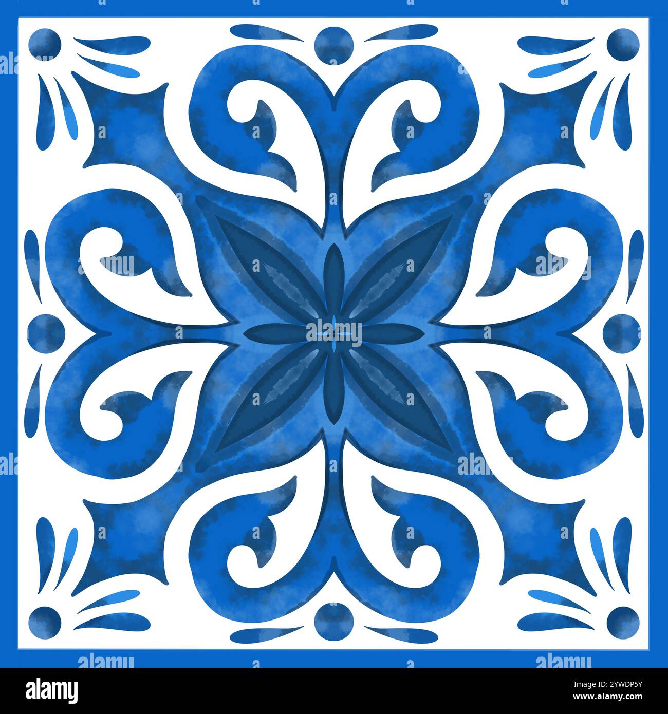 L'illustration est un motif décoratif de style azulejo. Le motif est conçu dans un schéma de couleurs blanc et bleu et contient des motifs géométriques ou floraux uniques souvent trouvés dans les conceptions traditionnelles en céramique Banque D'Images