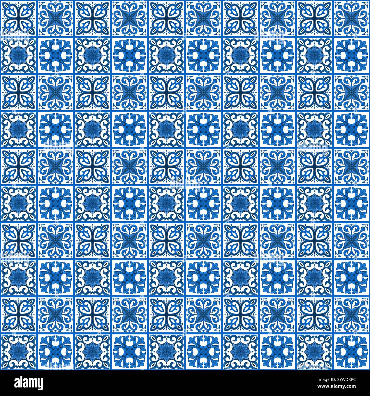 L'illustration est un motif décoratif de style azulejo. Le motif est conçu dans un schéma de couleurs blanc et bleu et contient des motifs géométriques ou floraux uniques souvent trouvés dans les conceptions traditionnelles en céramique Banque D'Images