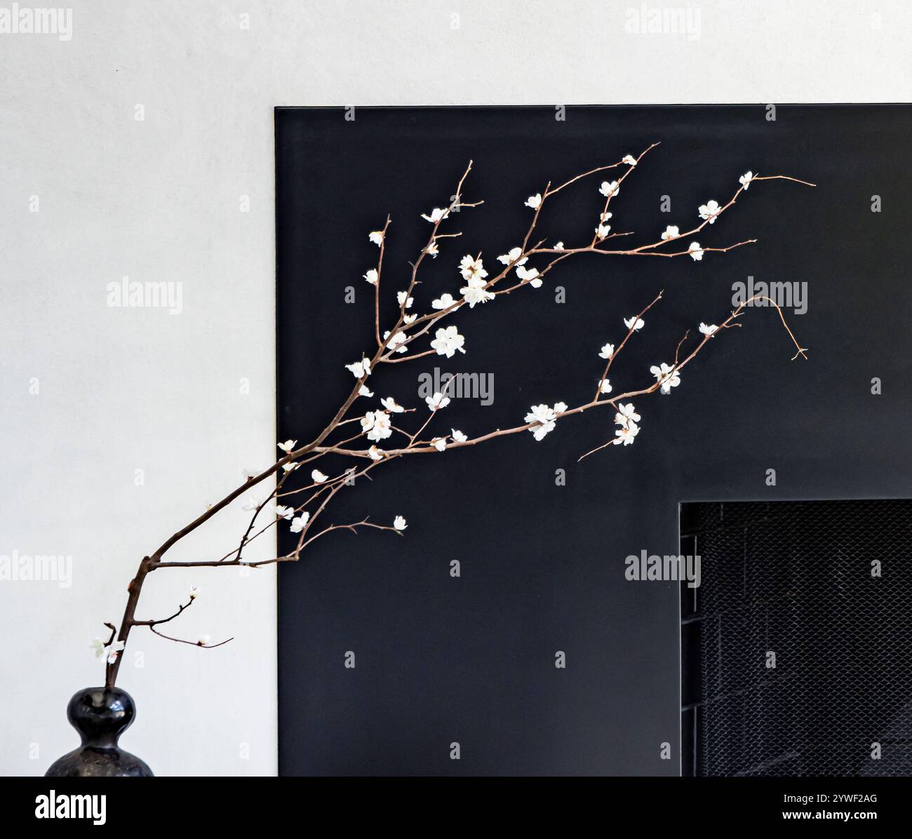 branche d'arbre avec de petites fleurs dans un vase devant une cheminée Banque D'Images