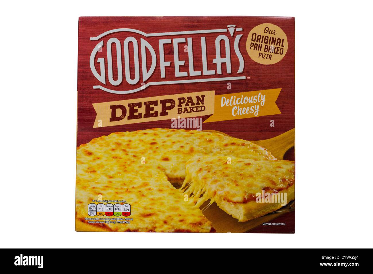 Goodfellas Deep Pan cuit délicieusement Cheesy Pizza isolé sur fond blanc - notre pizza cuite au poêle originale Banque D'Images