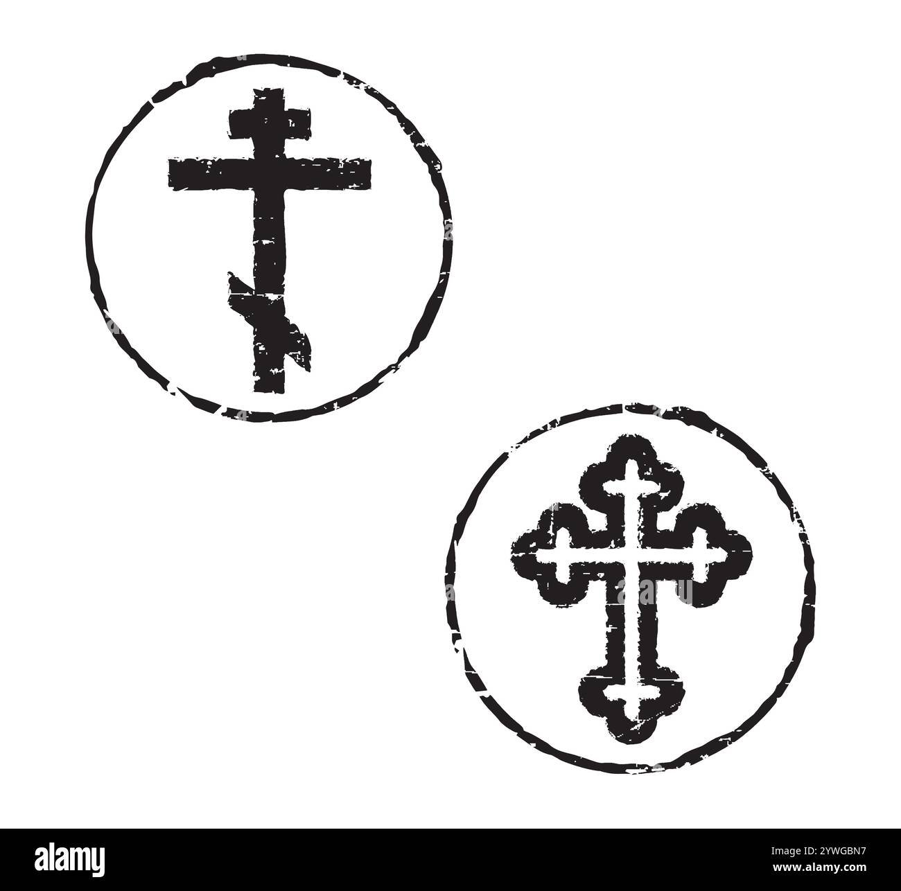 Deux timbres en caoutchouc noirs avec des croix orthodoxes au milieu. Illustration de Vecteur