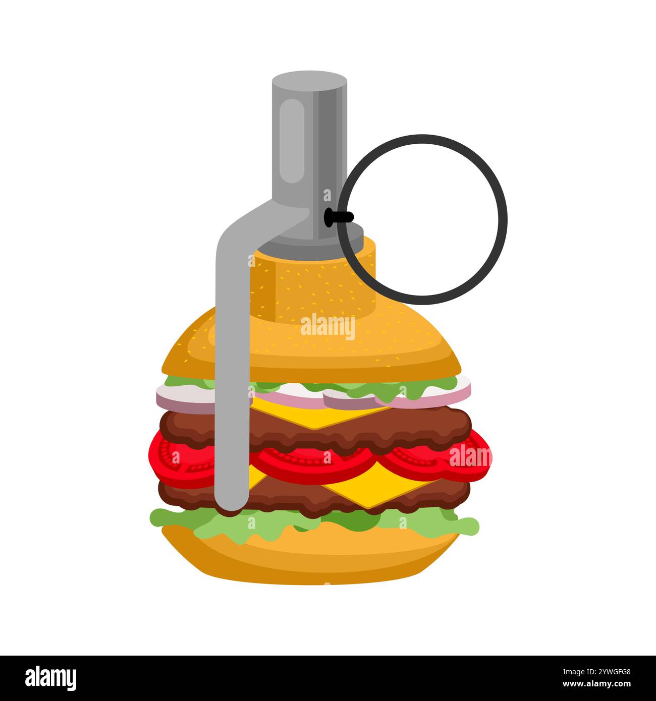 Grenade à hamburger. Explosion du cholestérol. Explosifs pour hamburgers. Concept pour la restauration rapide Illustration de Vecteur