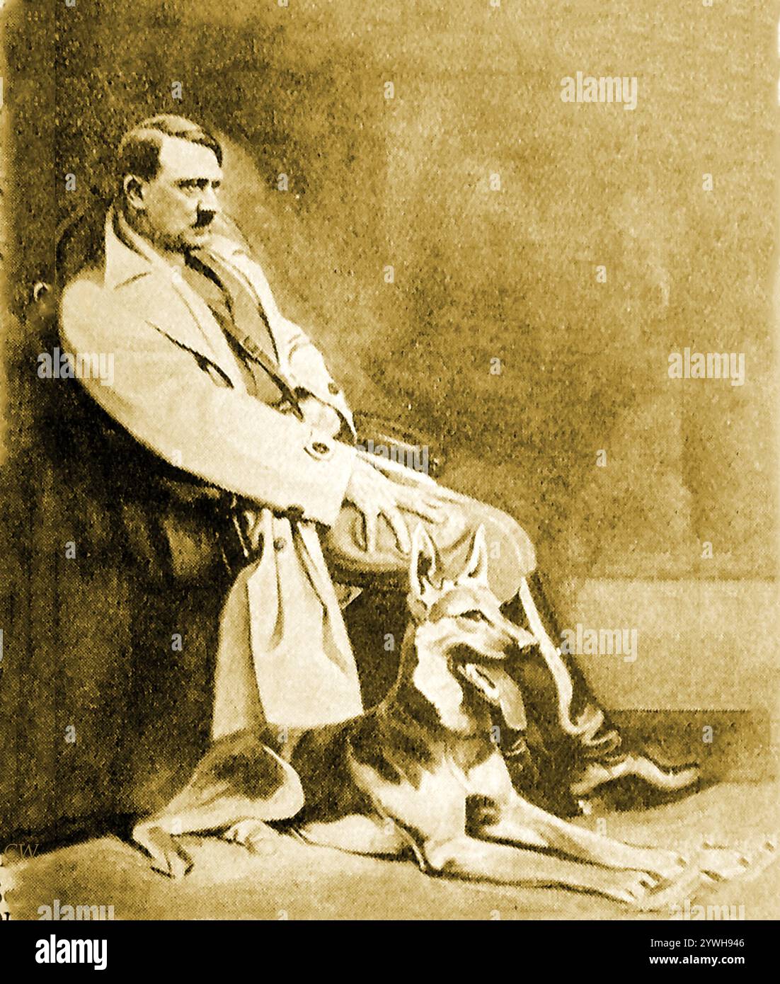 Adolph Hitler et son berger allemand préféré Blondi, cadeau en 1941 de Martin Bormann, chef de cabinet d’Hitler, Blondi aurait été constamment à ses côtés et aurait même dormi dans son lit dans le Führerbunker de la chancellerie du Reich. L'animal de compagnie femelle aurait donné naissance à un certain nombre de chiots, l'un appelé Wulf, et serait mort par empoisonnement avec une capsule de cyanure dans le bunker. - Adolf Hitler und sein Lieblingsschäferhund Blondi, ein Geschenk von Martin Bormann, Hitlers Stabschef, aus dem Jahr 1941, Banque D'Images
