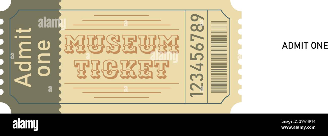 Billet d'entrée au musée rétro de style vintage. Illustration de Vecteur