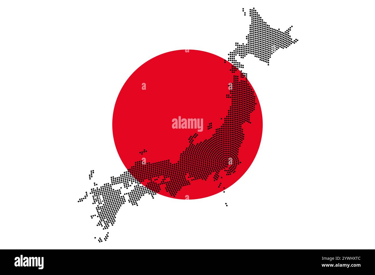 Silhouette japonaise pointillée contre le drapeau national. Silhouette du Japon, générée à partir de points noirs répartis radialement. Banque D'Images