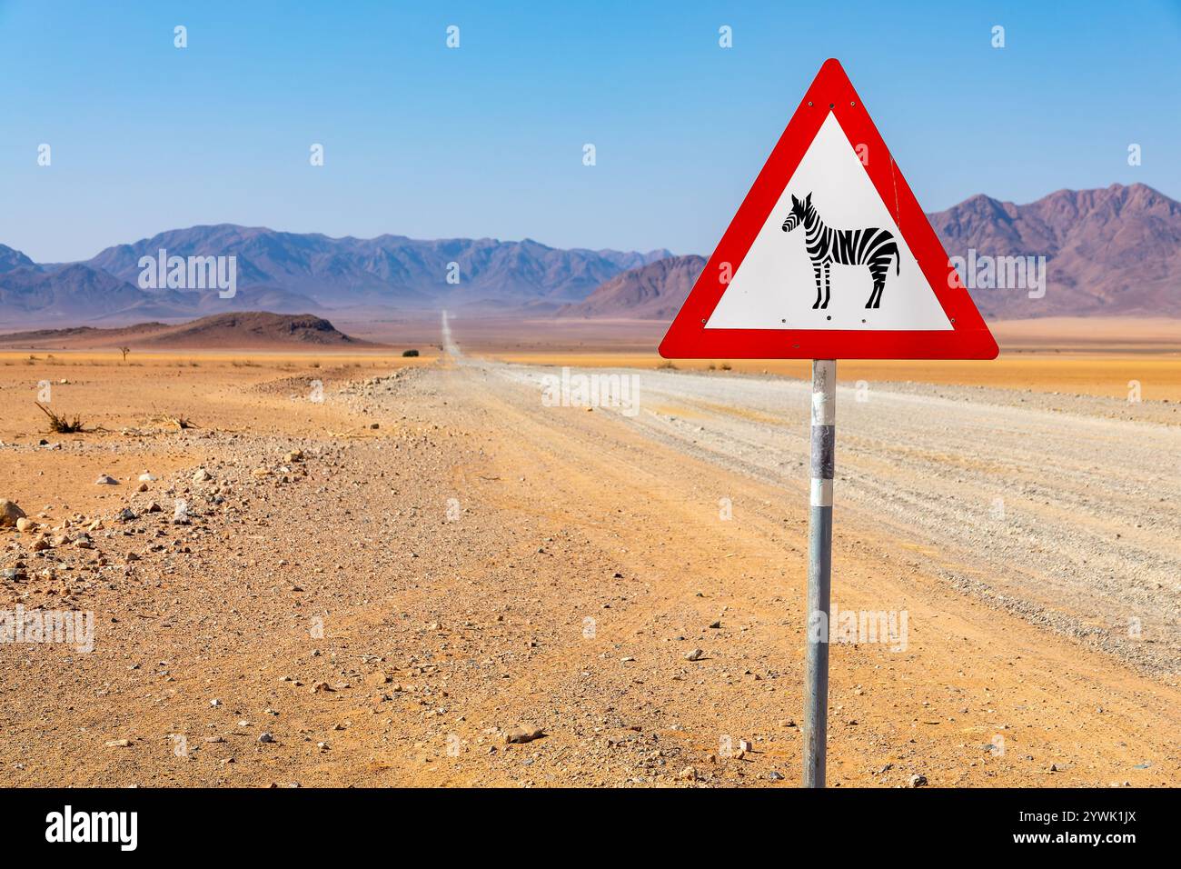 Attention Zebra, panneau routier de la faune dans la réserve naturelle NamibRand en Namibie, Afrique Banque D'Images
